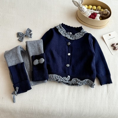 Set Thu Đông Áo Len Tay Dài Quần Legging Nơ Caro Cho Bé Gái 1-8 Tuổi MINTSCLOSET Quảng Châu - GA2458