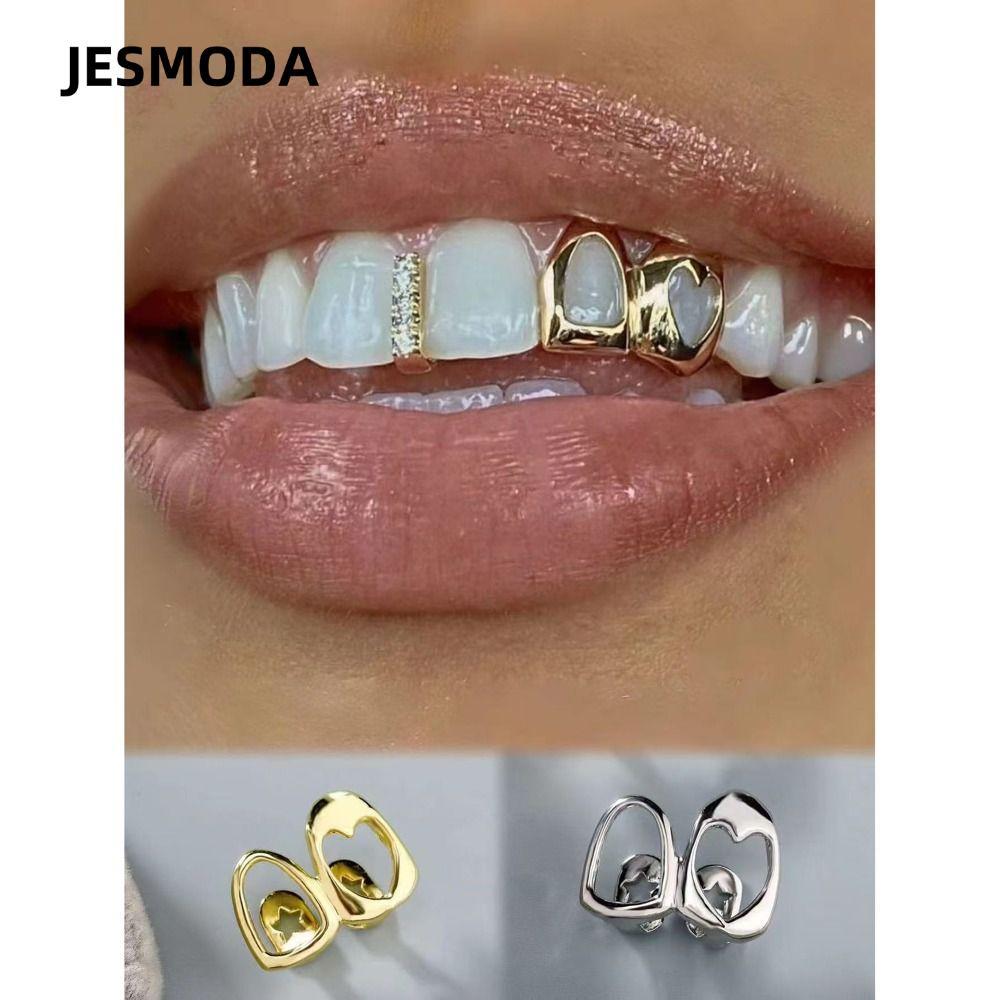 JESMODA Grillz, Màu Vàng Trái Tim Rỗng Hip Hop Răng Grillz, Đồng Đôi Trái Tim Sáng Bóng Răng Mũ Tran