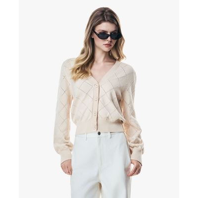 GIGI - Áo khoác cardigan nữ cổ V tay dài họa tiết quả trám_G1302K261707-01