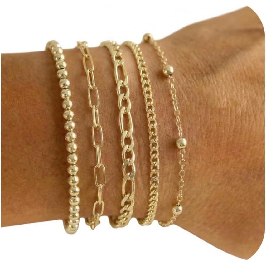 14K Gold Plated Bracelets for Women, Dainty Adjustable Stackable Bracelet Set with Beads, Cuban, Pap