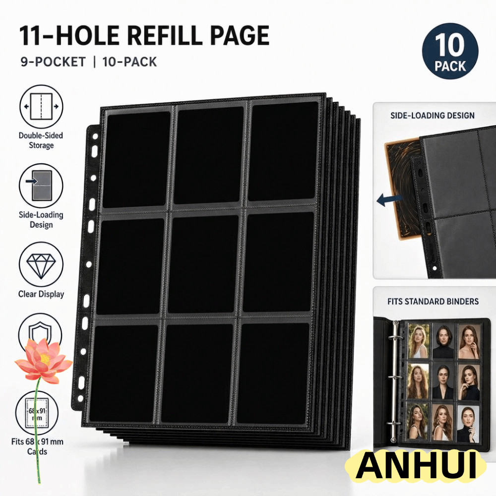 ANHUI 10 Chiếc Trang Chất Kết Dính Thẻ Giao Dịch, Trang Nạp Lại Album Thẻ Hai Mặt, Đường May Gia Cố 