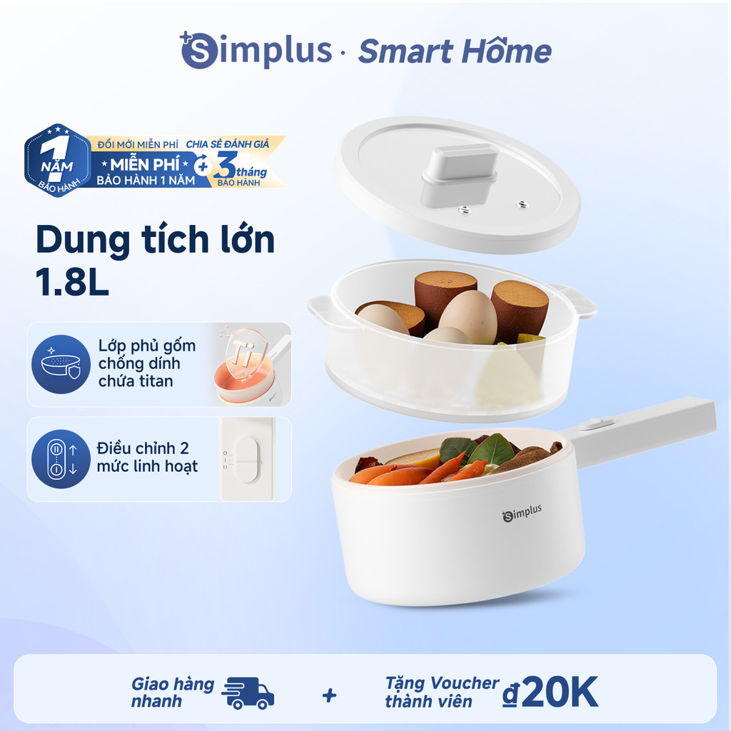 Simplus Nồi lẩu điện 1.8L có tay cầm dài, công suất 600W, nấu đa năng DZGH012