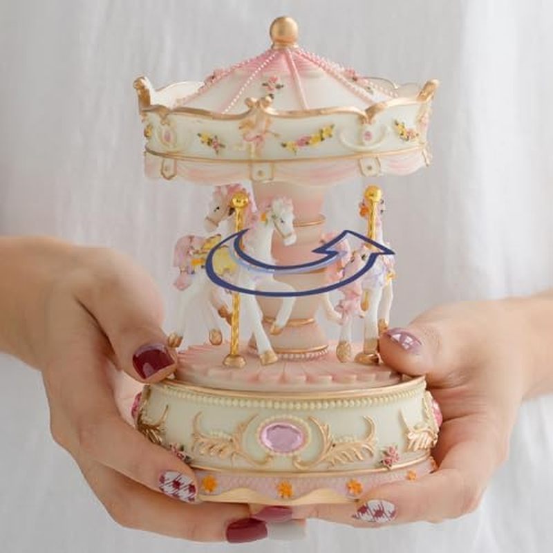 LOVE FOR YOU Gift-Wrapped Musical Carousel Music Box Color Lights Merry Go Round Horses Unicorn Deco