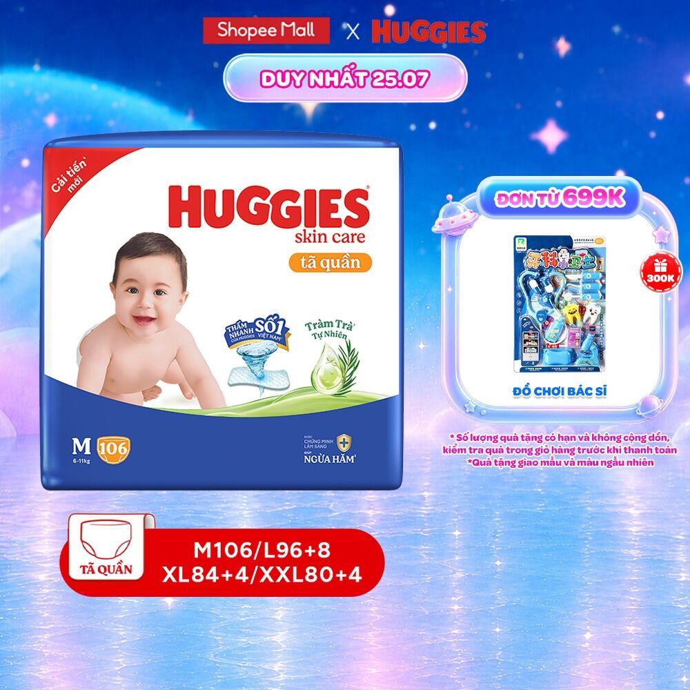 Tã quần Huggies Skincare Mega Jumbo M106/L96+8/XL84+4/XXL76+4 với tràm trà dịu da