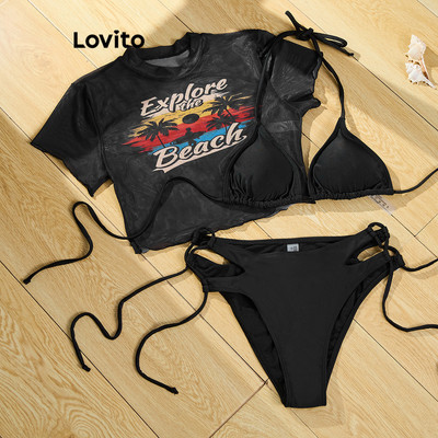 Lovito Kỳ nghỉ Bộ Bikini Cắt Lưới Họa Tiết Chữ Thời Trang Mùa Hè/xuân Cho Nữ LBL19756