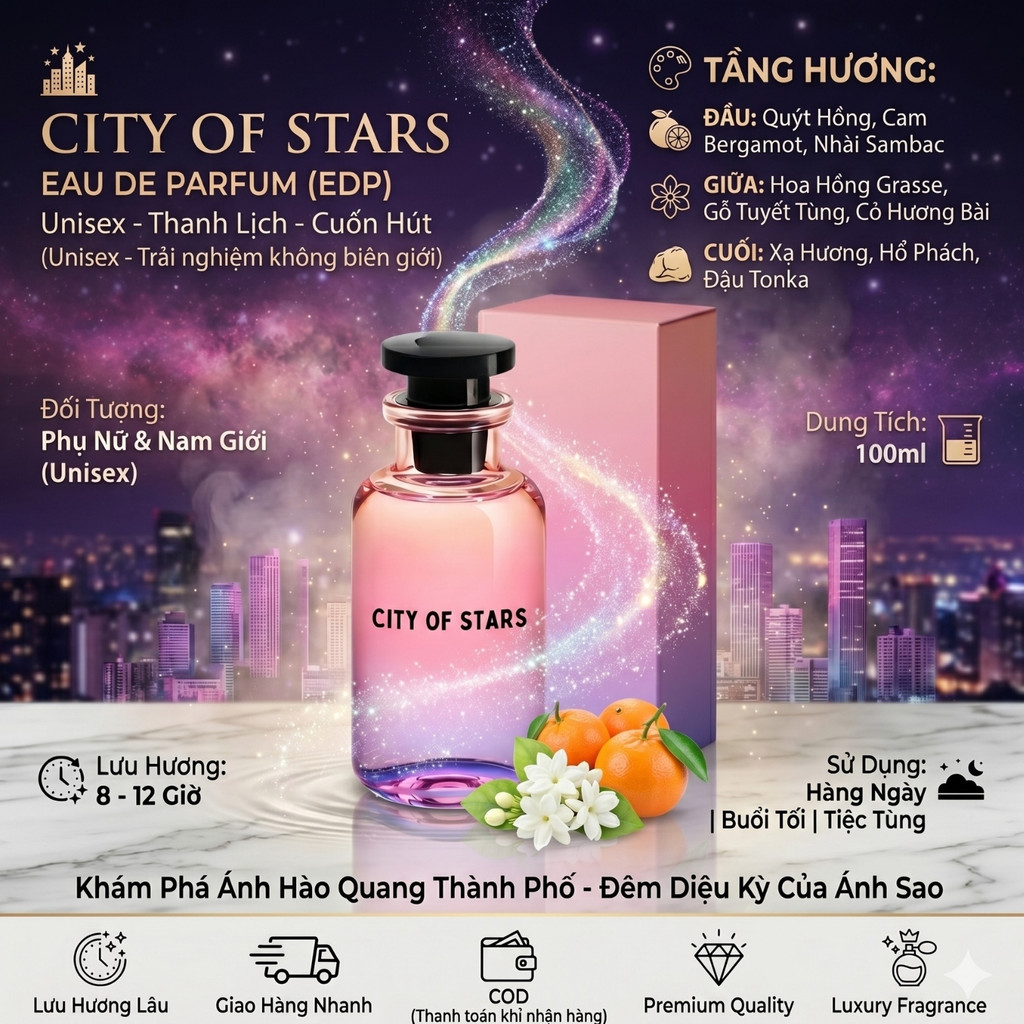 Nước hoa unisex City Of Stars. Mùi hương tươi mát, sang trọng, đầy sức sống.