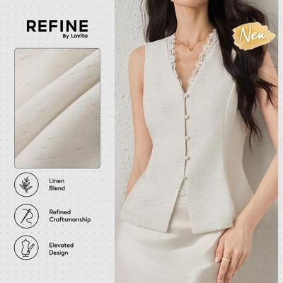 (New Arrival) (Refine by Lovito) Áo thun công sở pha lanh buộc dây lưng ren áo nữ kem đi làm xuân hè TKR42P1D052
