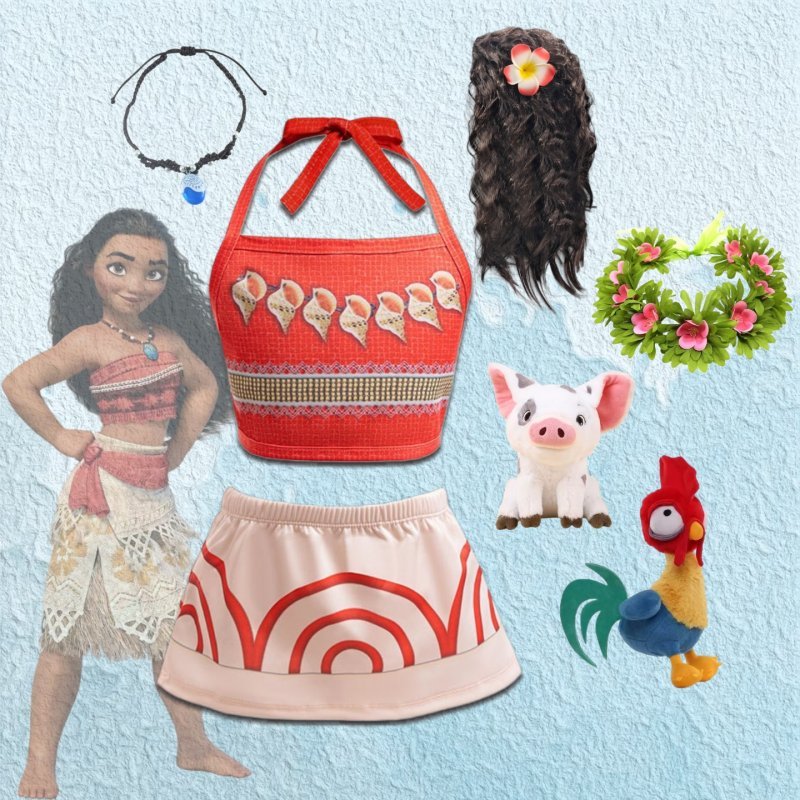 Trẻ Em Moana 2 Mảnh Dây Trang Phục Bé Gái Halloween Công Chúa Top Váy Tóc Giả Vòng Cổ Bộ