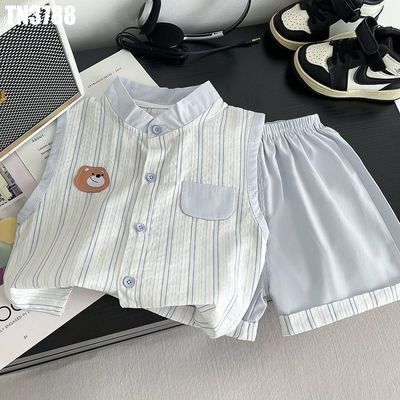 Bộ Sơ Mi Sát Nách Bé Trai Sọc Xanh Cổ Trụ Kèm Quần Short Cạp Chun Mùa Hè MINTSCLOSET TN3788