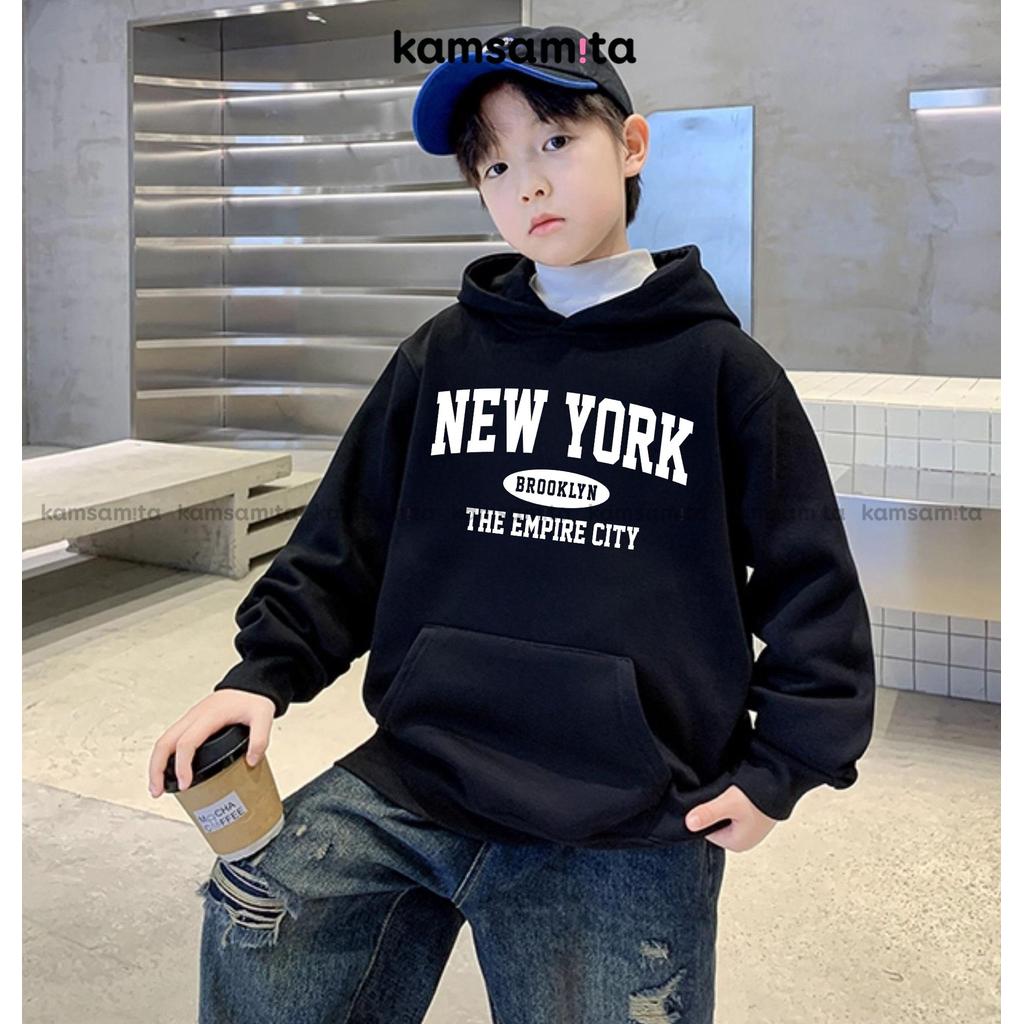 [12-35kg] Áo nỉ bông Hoodie trẻ em thu đông KAMSAMITA họa tiết CHỮ vải cotton 330gsm