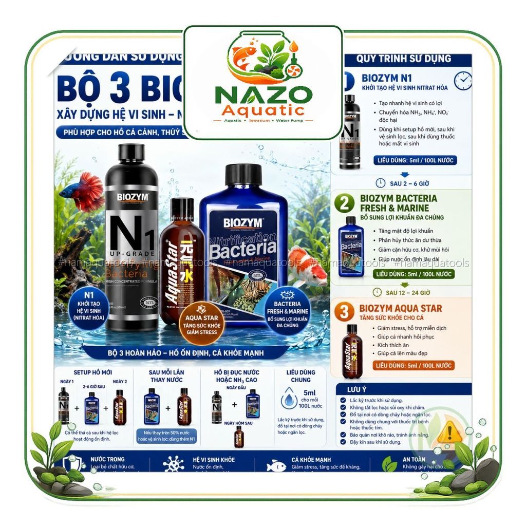 Hướng dẫn sử dụng bộ 3: Biozym N1, Biozym Bacteria Fresh & Marine và Biozym Aqua Star NAZO Aquatic