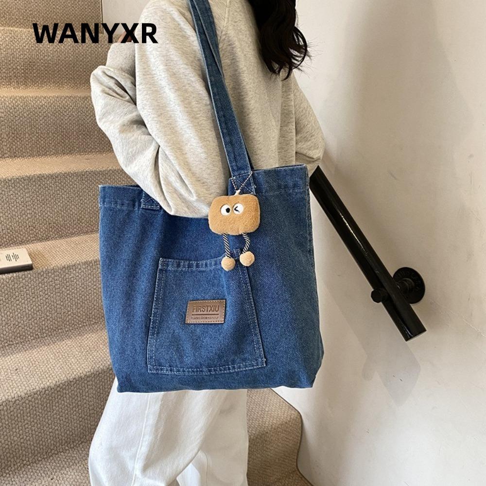 Túi Đeo Vai WANYXR, Túi Ly Hợp Denim Denim Rửa Hình Vuông, Túi Tote Màu Trơn Dung Tích Lớn Thời Trang