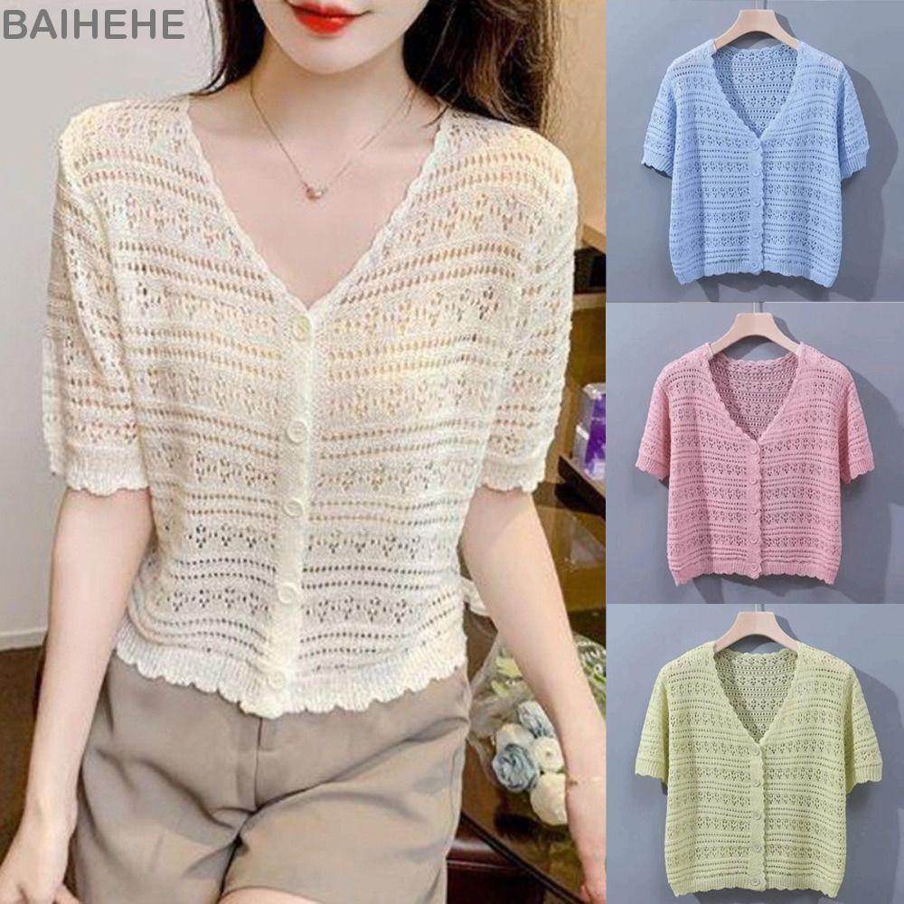 Áo chống nắng BaIHHE, Áo len dệt kim cổ chữ V rỗng, Áo khoác ngoài ngắn tay mỏng thời trang dành cho nữ