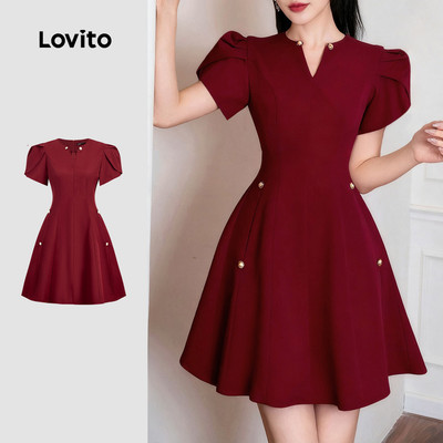 Đầm nữ Lovito đỏ rượu vang xuân hè ôm eo nút thanh lịch L155ED766