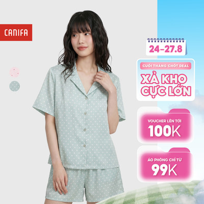 Bộ pyjama nữ cộc tay quần short chất lụa satin mềm mịn mát in họa tiết CANIFA 6LS26S005