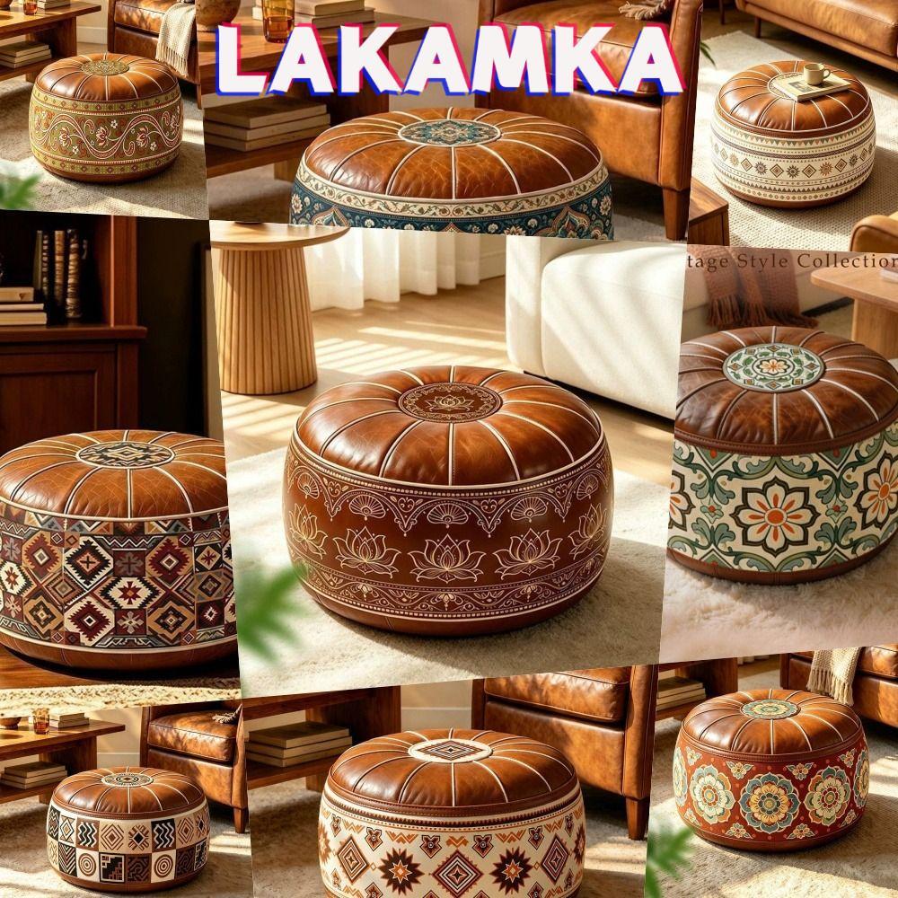 LAKAKA Lấp Lánh Ottoman Pouf, Họa Tiết Thêu Da PU Bảo Quản Ottoman, Phong Cách Ma-rốc Hình Tròn Tròn