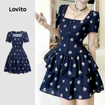 Đầm tầng nữ Lovito xanh navy xuân hè thanh lịch L190ED580