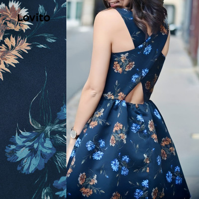 (Kỳ nghỉ) Lovito Váy chéo dây Xuân/Hè Váy màu xanh đậm cho phụ nữ L142ED045