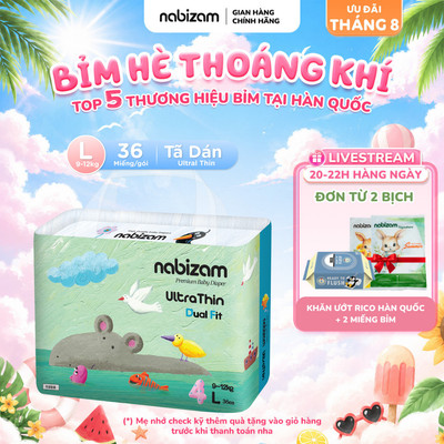 [TÃ DÁN] Tã/Bỉm Dán NABIZAM Ultra Thin Mỏng Nhẹ, Thấm Hút, Khô Thoáng Size L Cho Bé 9-12kg, 36 Miếng
