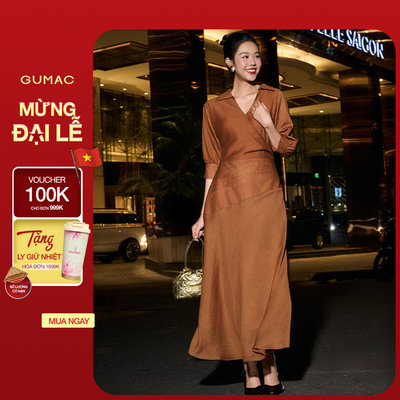 Đầm GUMAC form A xòe tay lỡ xếp eo đầm may hai lớp không có túi DF12065