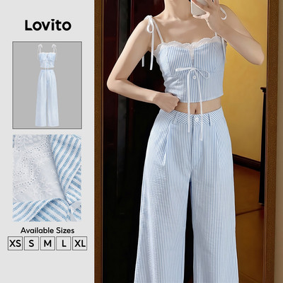 Lovito Áo/ Quần phong cách thường ngày phối ren buộc phía trước mùa xuân/hè màu xanh dương cho nữ L173AD083