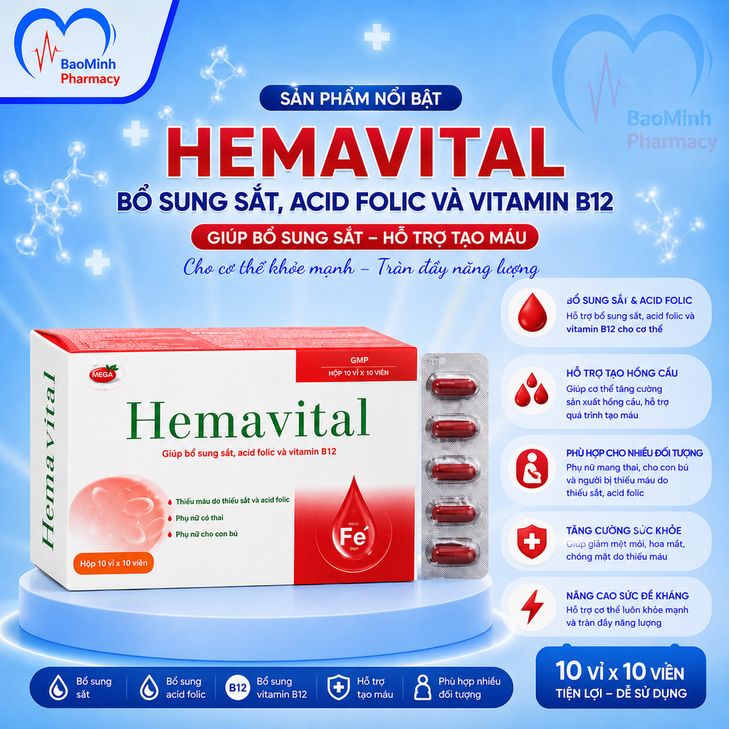 Sắt Hữu Cơ Cho Bà Bầu Eurovit Hemavital | Hỗ Trợ Giảm Nguy Cơ Thiếu Máu Do Thiếu Sắt | Hộp 30 Viên