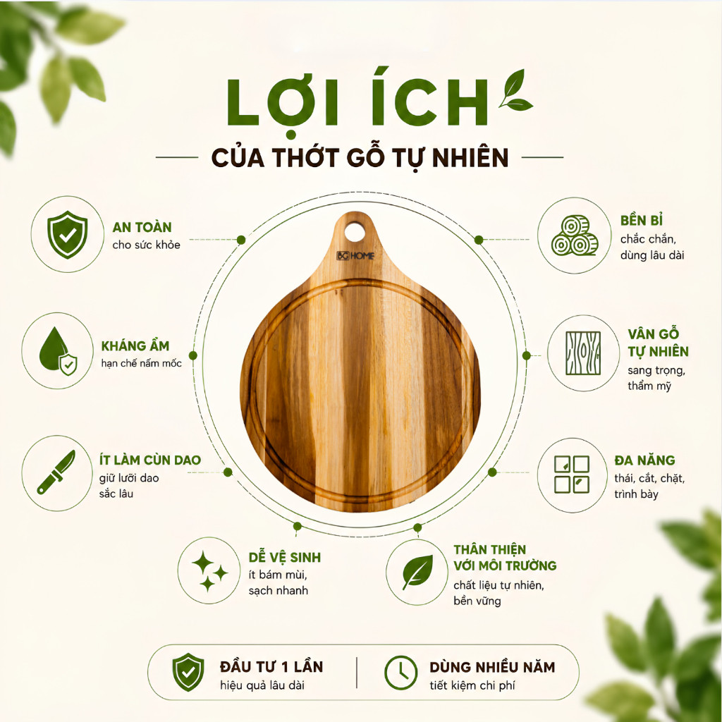 🌟 Thớt Gỗ TEAK Tay Cầm Cắt Thái Không Mùn, Chống Ẩm Mốc, Cong Vênh, An Toàn Thực Phẩm BGHOME