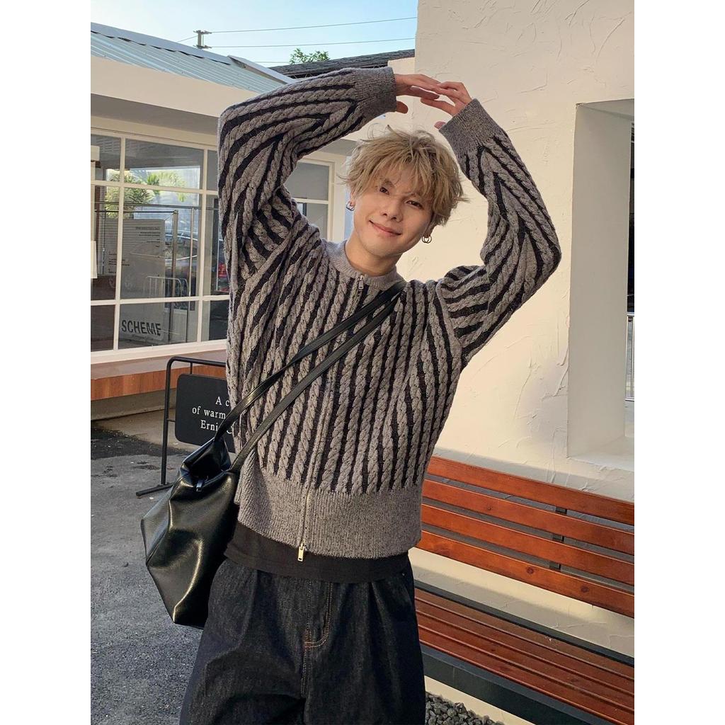Mỹ Retro bf Lười Rời Dây Kéo Áo Len Nam Hiphop Hiphop Cao Cấp Họa Tiết Gai Dầu Cardigan Áo Len