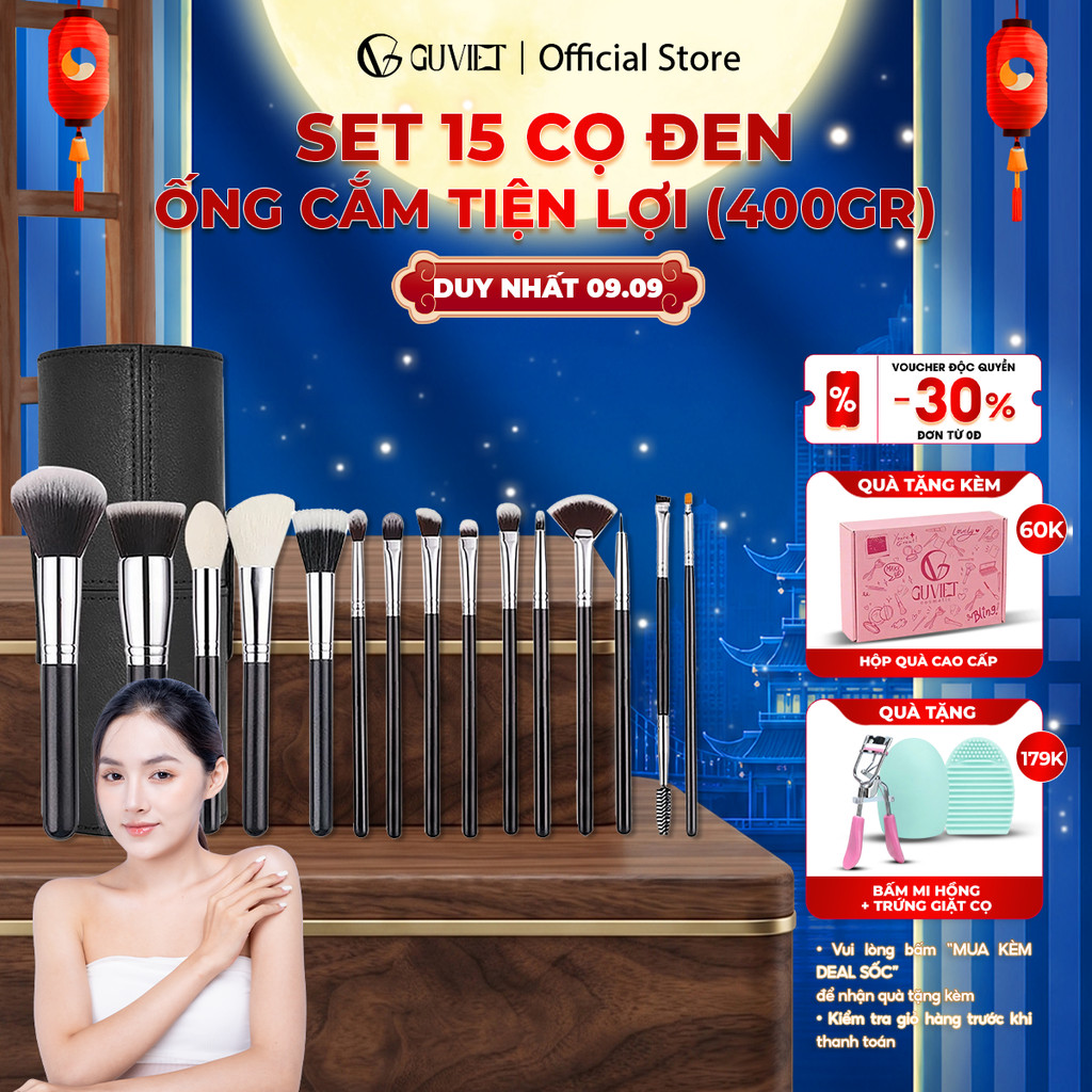 Bộ cọ trang điểm cá nhân GUVIET màu đen gồm 15 cọ kèm theo ống cắm tiện lợi