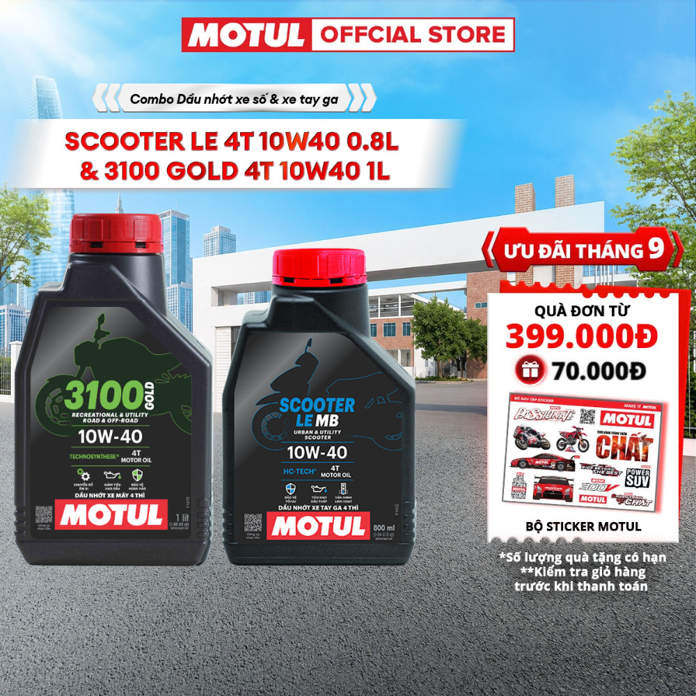 Combo Dầu nhớt xe tay ga MOTUL SCOOTER LE 4T 10W40 0.8L và Dầu nhớt xe Máy MOTUL 3100 GOLD 4T 10W40 