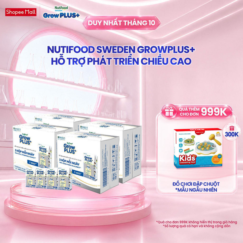 Combo 4 Thùng 24 hộp Sữa Bột Pha Sẵn Nutifood Sweden GrowPLUS+ Cao lớn vượt trội hộp 110 ml