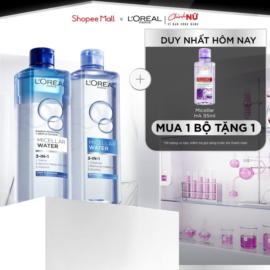 Bộ 2 nuớc tẩy trang đa năng 3in1 L'Oreal Paris Micellar Water 400ml x 2