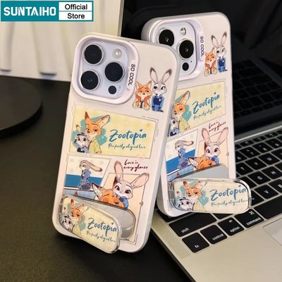Ốp Điện Thoại Suntaiho Ngộ nghĩnh Dễ Thương Zootopia Nick Judy Hoạt Hình Cặp Đôi Cao Cấp Chống Sốc Ốp Lưng Có Gương Gấp Đứng Cho iPhone 11 12 13 14 15 16 17 Pro Max IP Plus