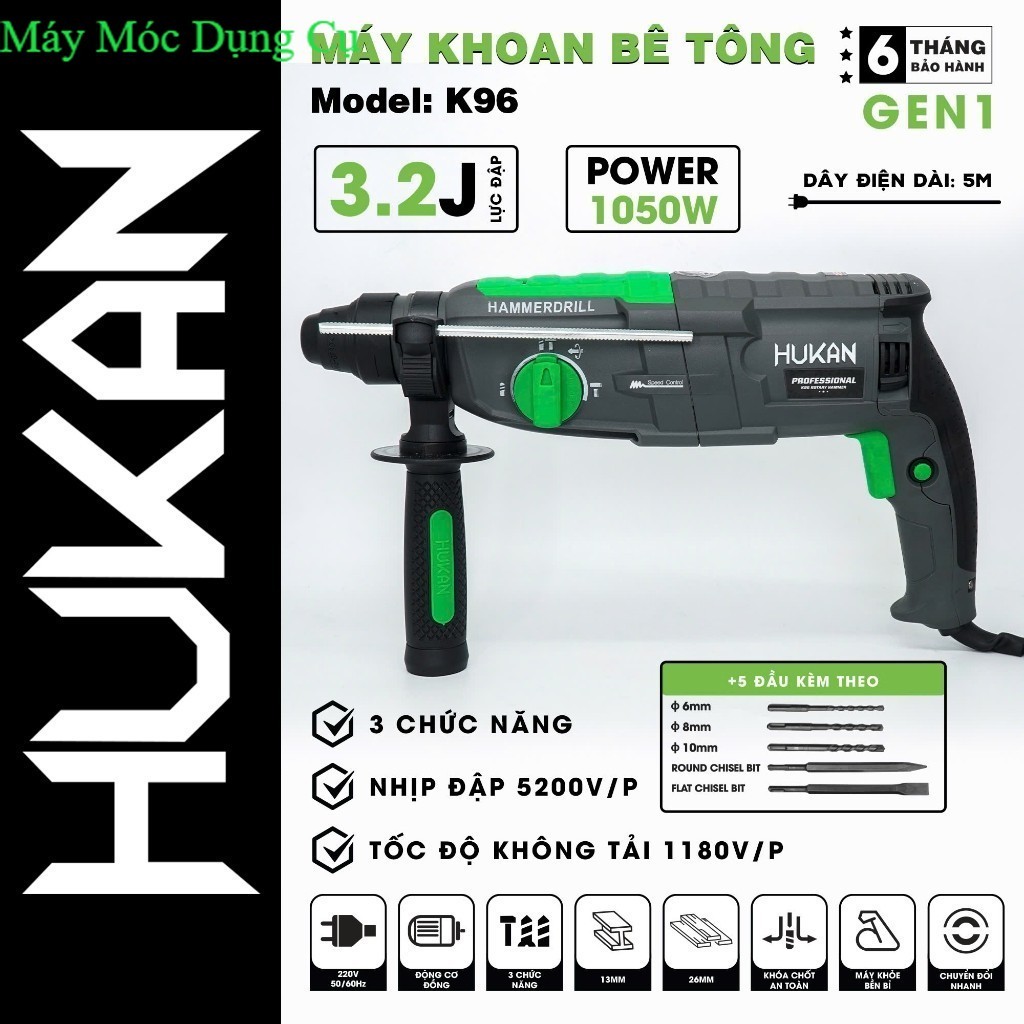 Máy khoan đục bê tông HUKAN K96, 3 Chức năng, Công suất 1050W, Tặng Bộ 5 Mũi khoan Dung cụ máy móc