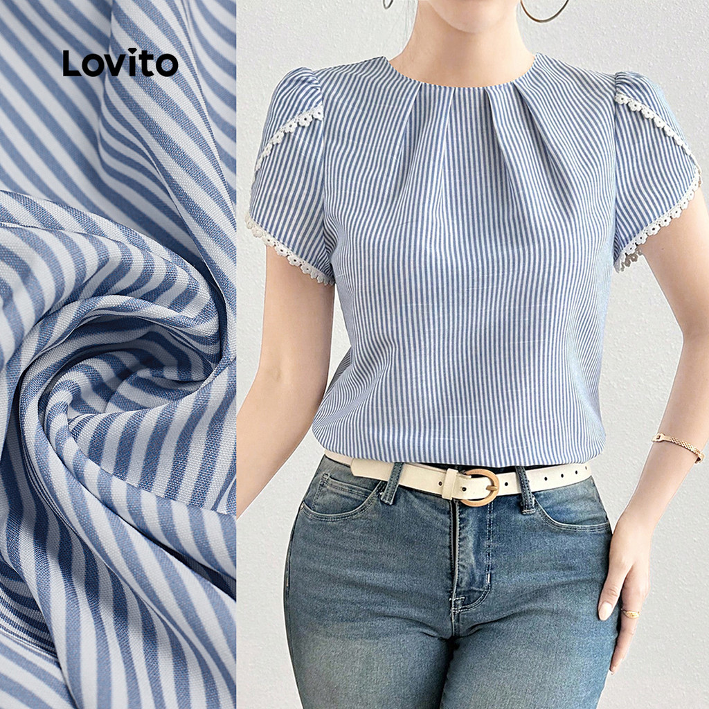 Lovito Áo sơ mi nữ nữ tính xếp ly chồng màu xuân hè áo sơ mi xanh và trắng L154ED075