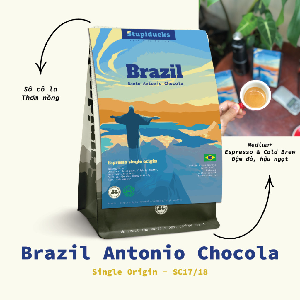 Stupiducks Đà Lạt - Cà Phê Brazil rang đậm vừa Arabica Espresso Santo Antonio Chocola