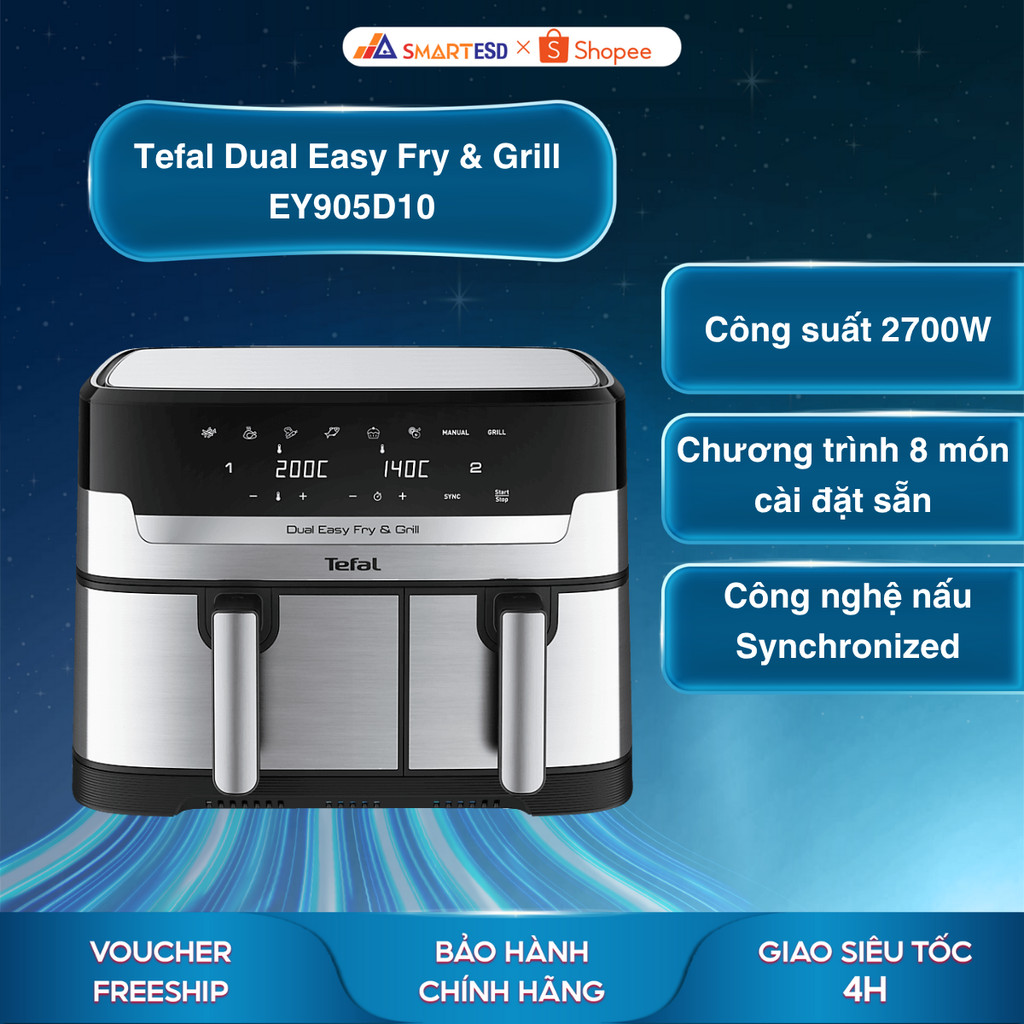 Nồi chiên không dầu 2 ngăn Tefal Dual Easy Fry & Grill EY905D10 8.3L - Bảo hành chính hãng 24 tháng