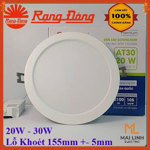 {Rạng Đông} Đèn Led Downlight âm trần 20W 30W -Lỗ khoét trần 155mm +-5mm -Ánh sáng trắng 6500K -Chip