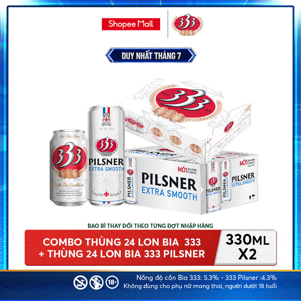 Nồng độ cồn 5.3% - Combo 1 Bia 333 24 Lon 330ml + Nồng Độ Cồn 4.3% - 1 Bia 333 Pilsner 24 Lon 330ml