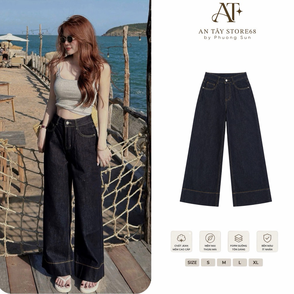 Quần Jean Suông Thêu Gấu An Tây Dáng Nấm 95cm  Xanh Than denim Gấu Bản To AN TÂY #8499 – Quần Bò Jea