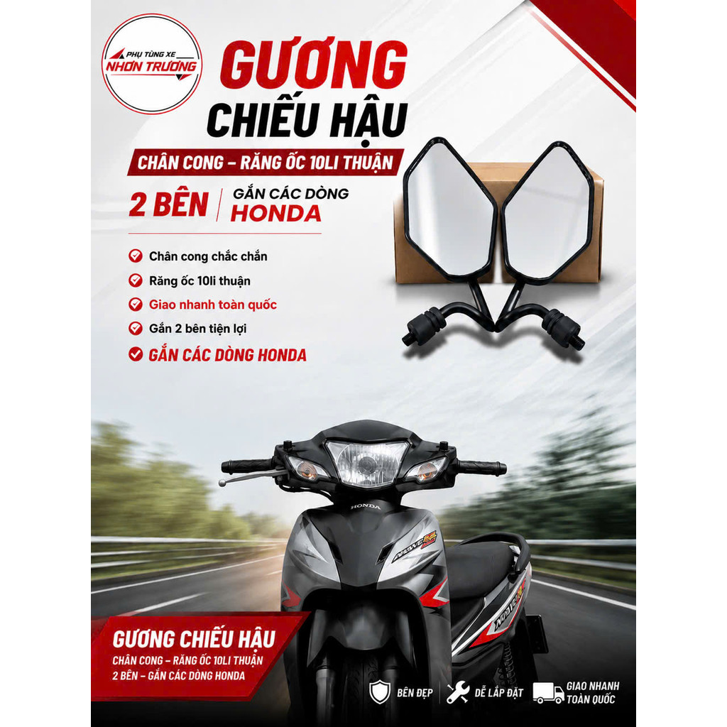 Gương Chiếu Hậu YA Chân Cong – Ren Thuận (Bán lẻ 1 bên trái – Chân 10mm)