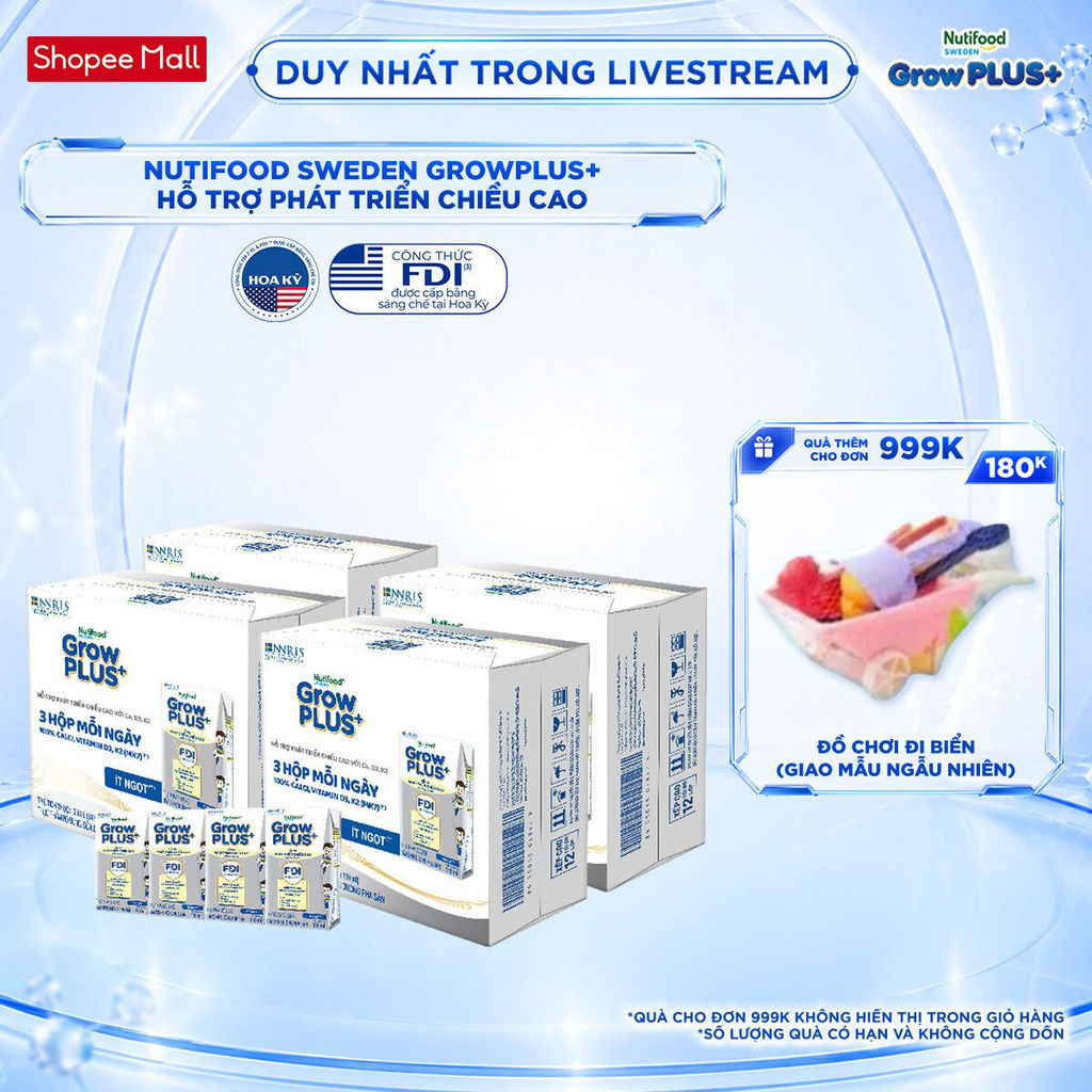 Combo 4 Thùng 24 hộp Sữa Bột Pha Sẵn Nutifood Sweden GrowPLUS+ Cao lớn vượt trội hộp 110 ml