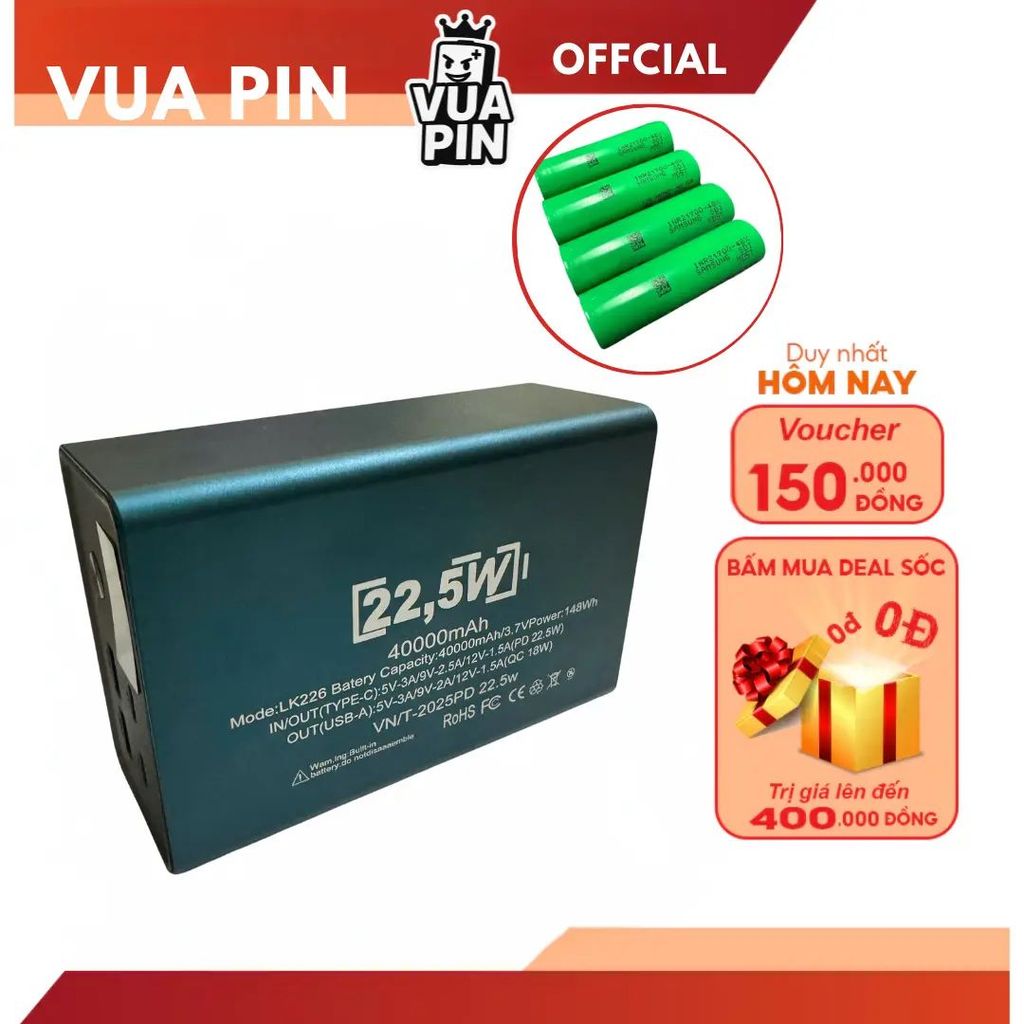 Sạc Dự Phòng 40000 mAh, 8 PIN 21700 Vỏ Nhôm,Sạc Nhanh 22.5w Tích Hợp Đèn Led Chiếu Sáng, Bảo Hành 12