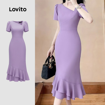 Đầm nữ Lovito tím mọi mùa lai bèo xếp nếp bất đối xứng thanh lịch LK4ED730