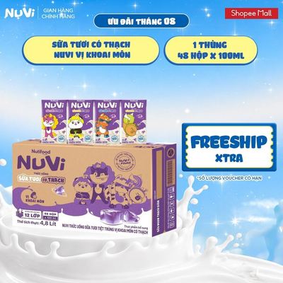 Thùng 48 Hộp NuVi Thức Uống Sữa Tươi Tiệt Trùng Vị Khoai Môn Có Thạch 100 ml