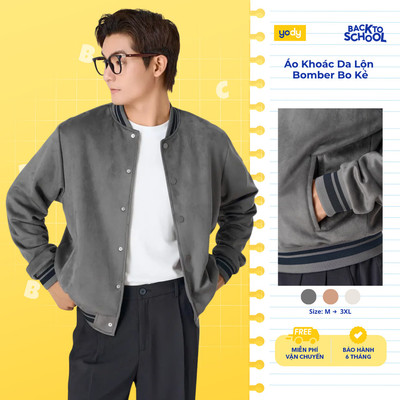 Áo Khoác Da Lộn Nam Bomber Bo Kẻ YODY trẻ trung,  sang trọng, giữ form tốt MCJA25F076