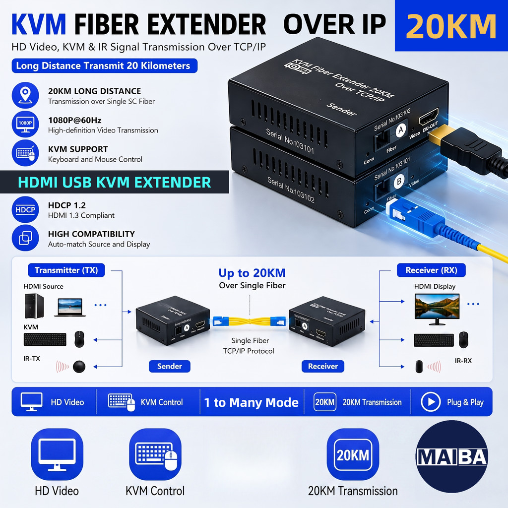 MỚI 20Km HDMI KVM Fiber KVM Extender Cáp quang SC qua IP 1080P Sợi HDMI USB Extender Hỗ trợ Bàn phím