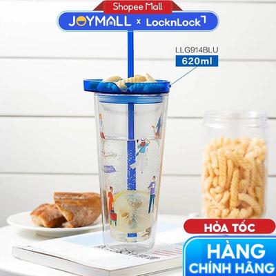 Ly thủy tinh LocknLock 2 lớp có nắp 620ml màu xanh họa tiết LLG914BLU, có kèm ống hút, hàng chính hãng - JoyMall