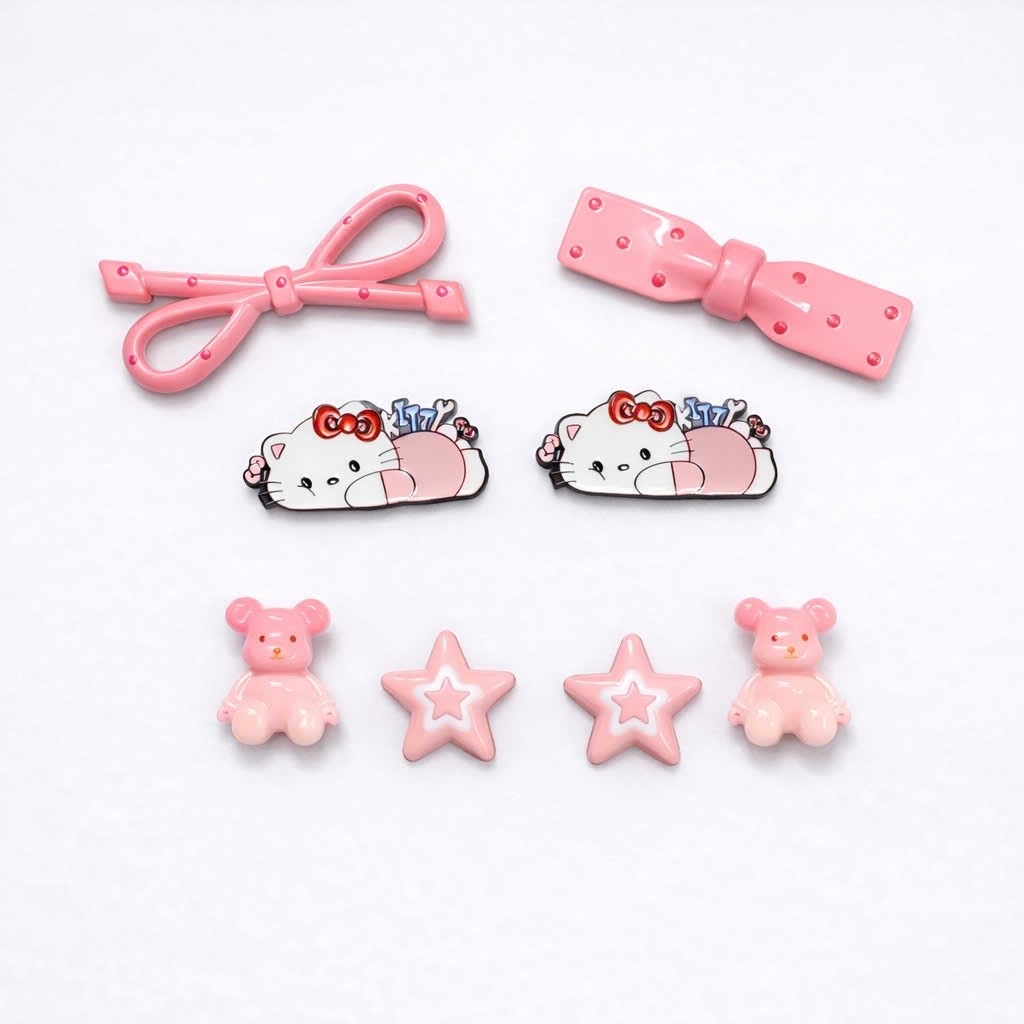 Charm Hello Kitty nằm- Tone màu hồng siu đáng yêu- Set charm gắn dép 8 món - Charm nơ hồng- gấu hồng