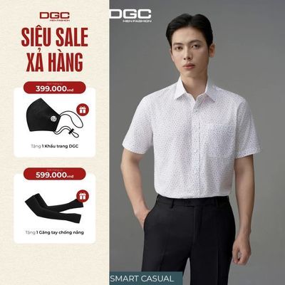 Áo Sơ Mi Ngắn Tay DGC Họa Tiết Ghi Xanh Dáng Suông Vạt Bằng - SASNBF09M